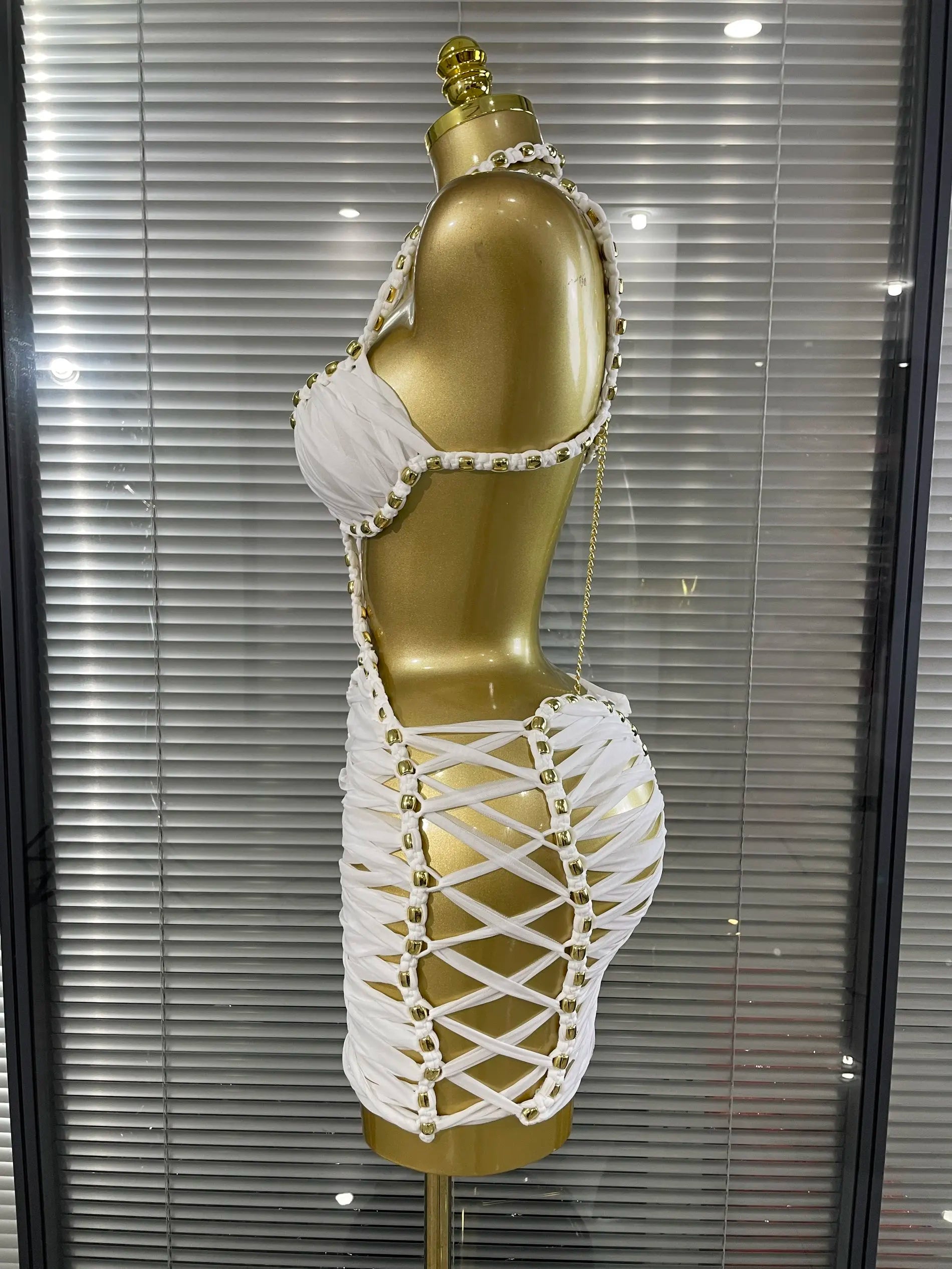 New White Color Women Sexy Halter Hollow Out Bodycon Mini Dress Nightclub Party Celebrate Performance Costumes Stage Wear