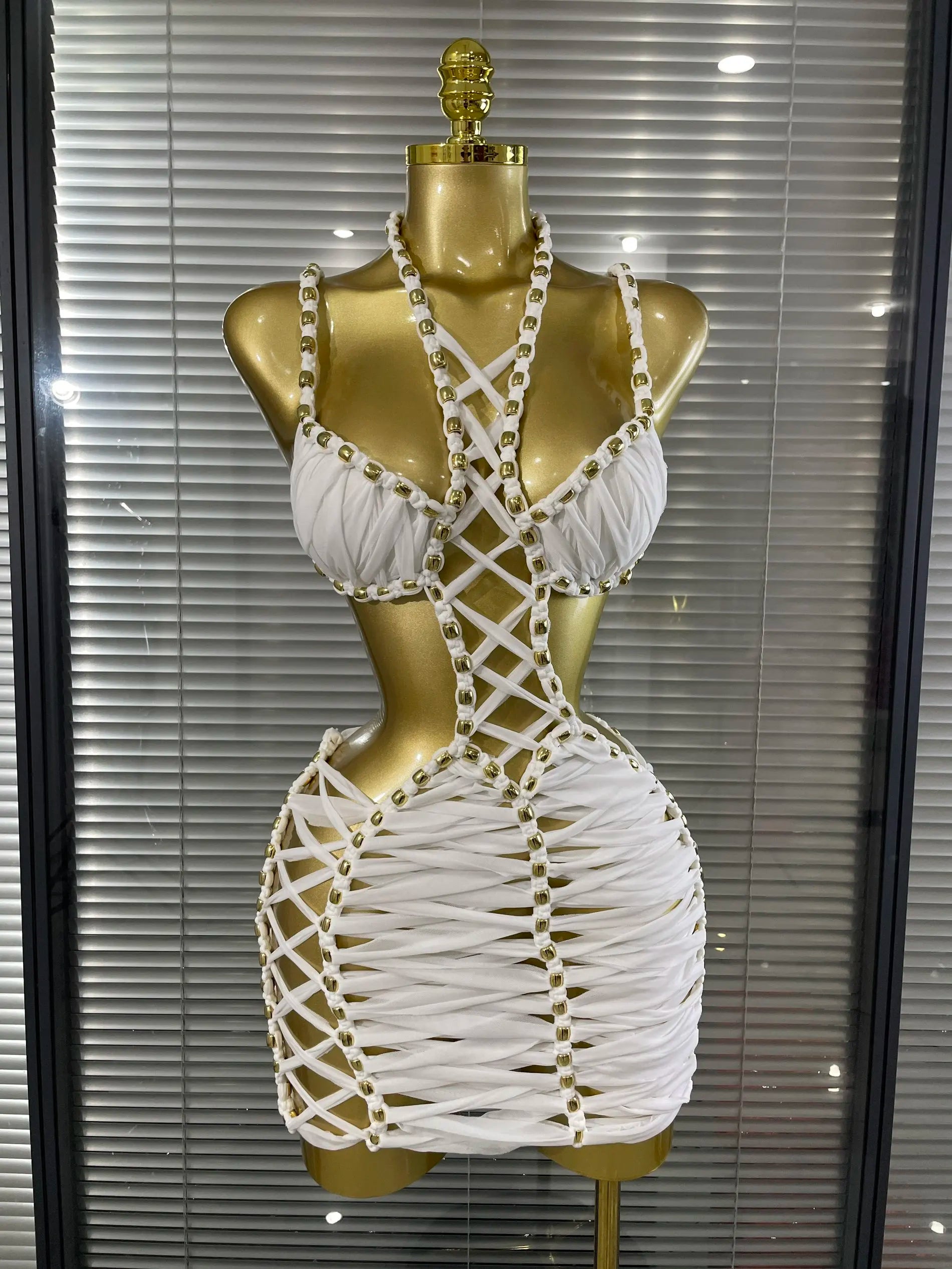 New White Color Women Sexy Halter Hollow Out Bodycon Mini Dress Nightclub Party Celebrate Performance Costumes Stage Wear