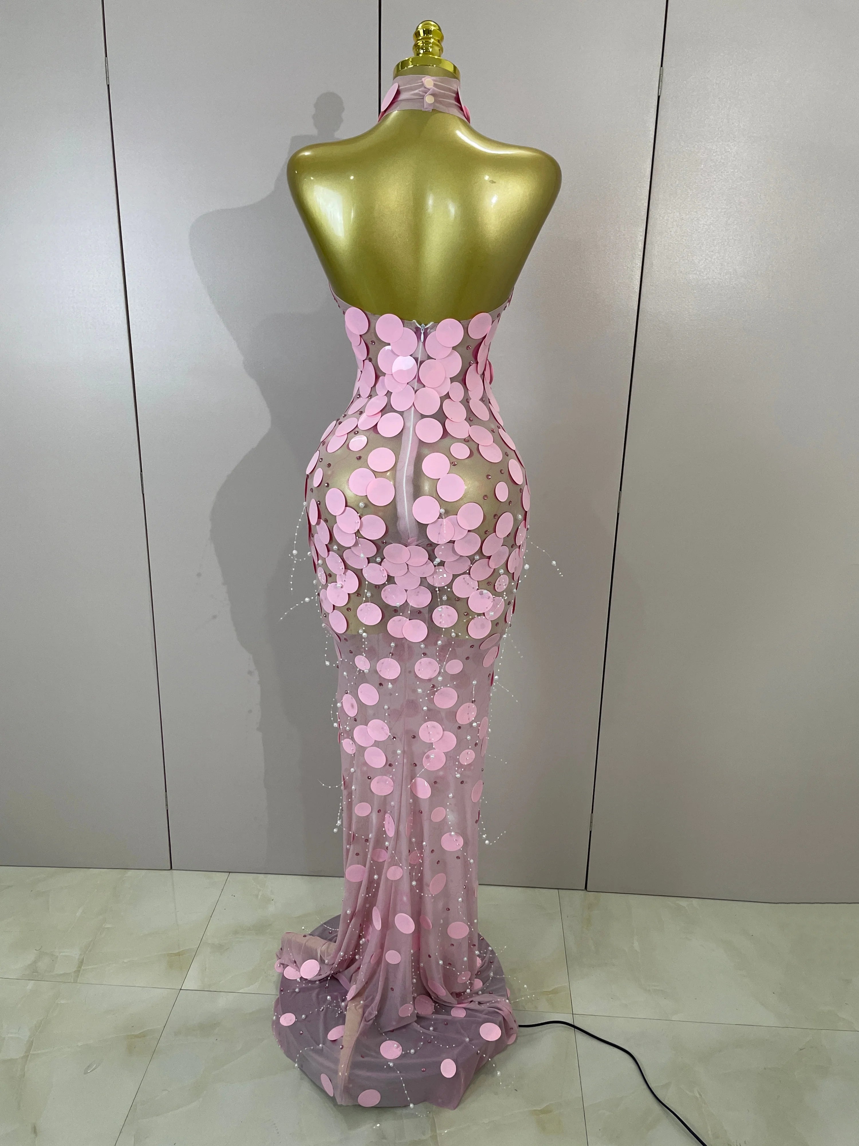 Sparkly Rhinestones Pink Sequins Sexy Strapless Maxi Long Dress Evening Party Birthday Prom Nightclub Celebrity Stage Costume