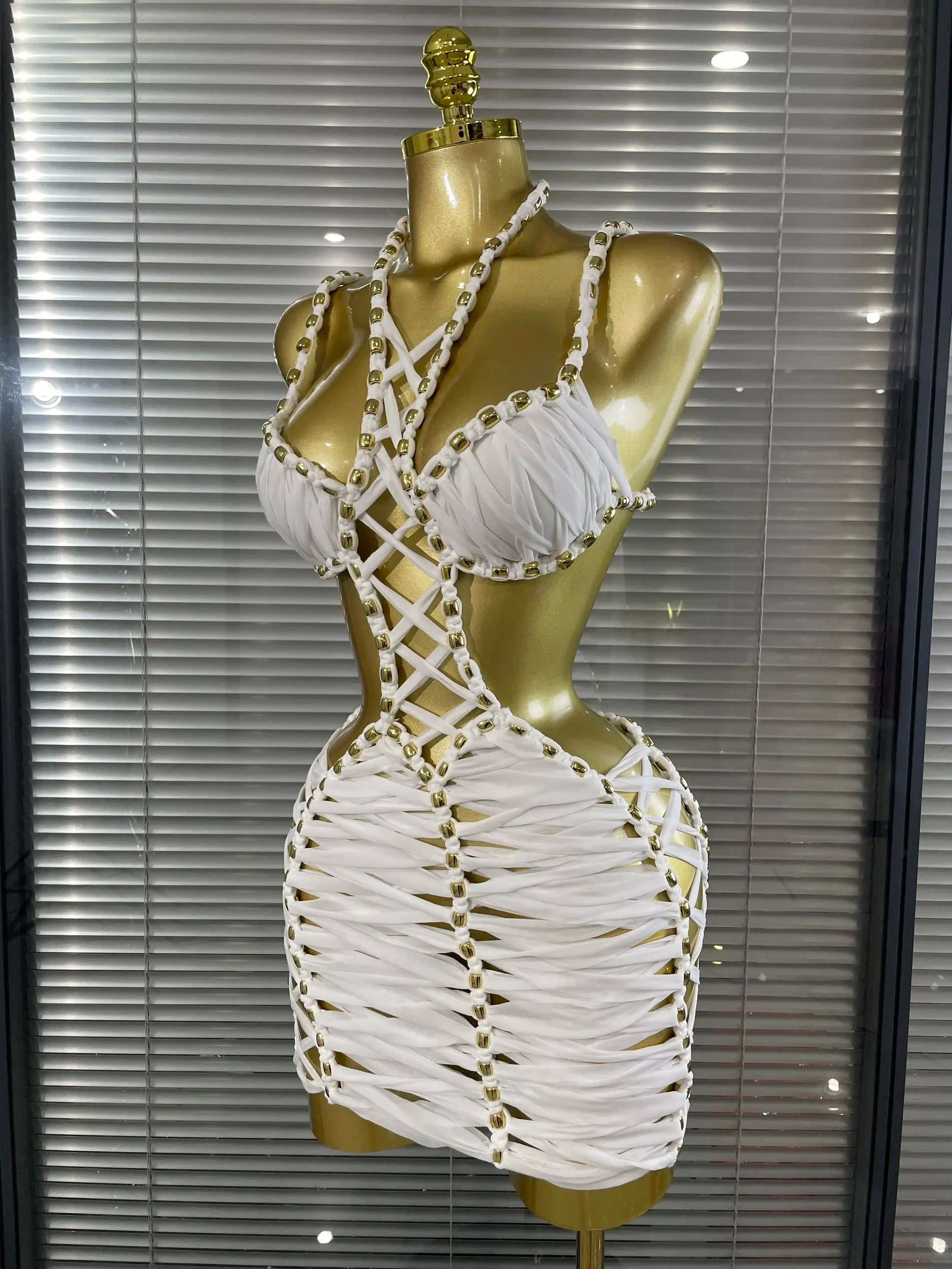 New White Color Women Sexy Halter Hollow Out Bodycon Mini Dress Nightclub Party Celebrate Performance Costumes Stage Wear