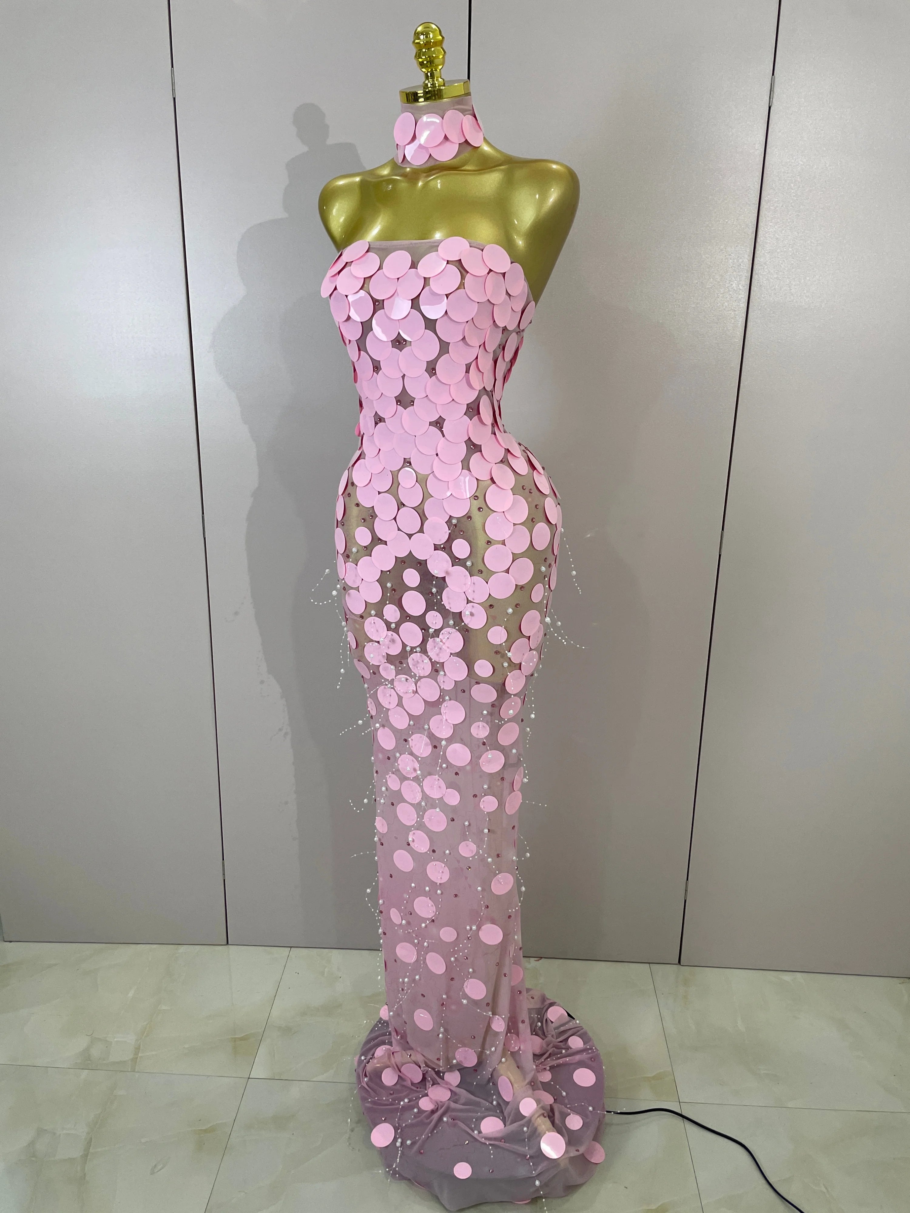 Sparkly Rhinestones Pink Sequins Sexy Strapless Maxi Long Dress Evening Party Birthday Prom Nightclub Celebrity Stage Costume